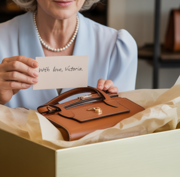 Woman holding a brown handbag and a card with 'With love, Victoria' inside a box.